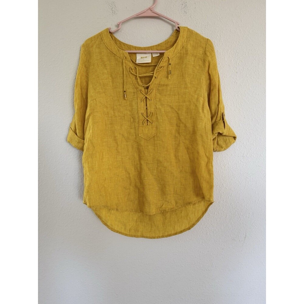 Maeve Anthropologie Women's Marva Lace-Up Linen Tunic Top Yellow Size 0(XS) Boho